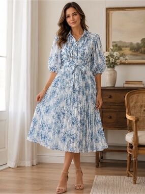 NWOT chic Light Blue Floral Midi Dress with Pleated Skirt